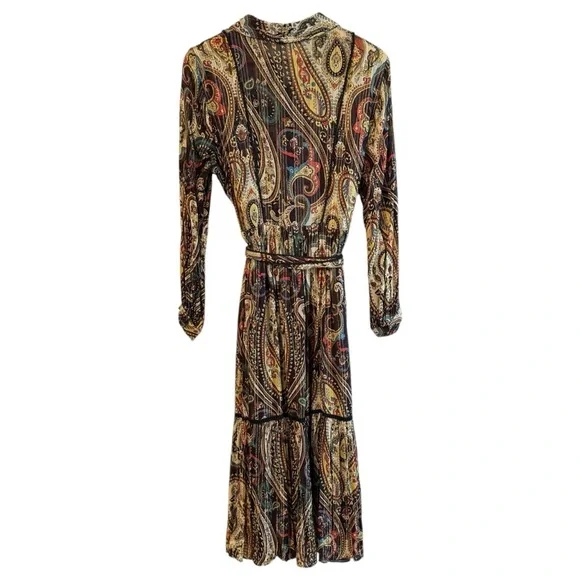 Zara Alabama Belted Midi Shirt Dress Women’s Medium Gold Paisley Lurex Button Up - Picture 12 of 13